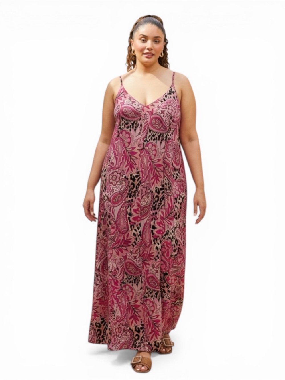 NWT Van Winkle Pink Paisley Boho Maxi Dress 2X Plus Spaghetti Strap Pockets